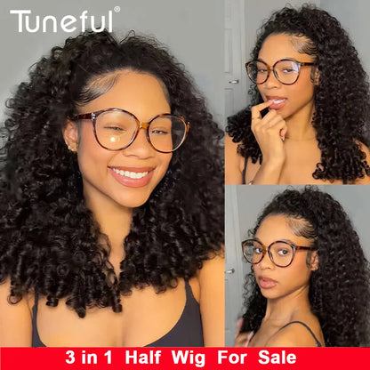 SOI CURLCARE- 3 In 1 Half Wigs Seamless V Part Wigs Burmese Water Curly With Spiral Ends Invisible Weft Snug Drawstring Wig Cap