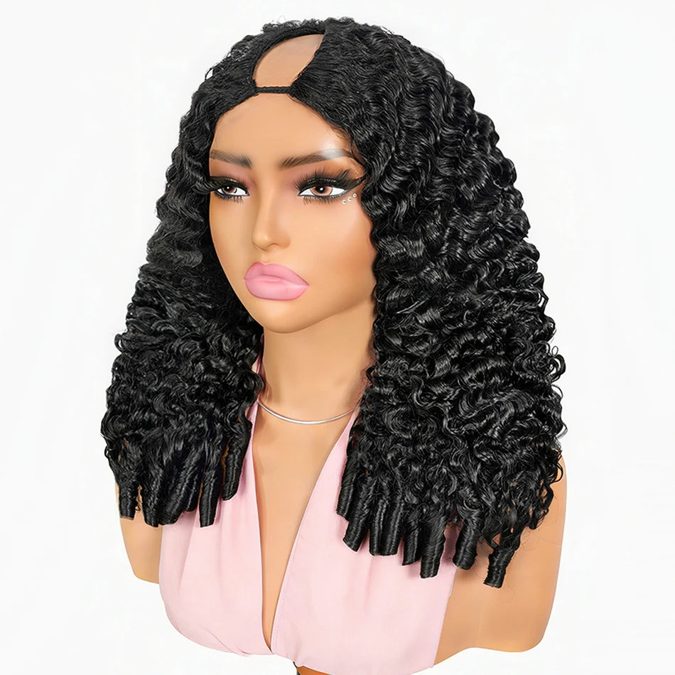 SOI CURLCARE- 3 In 1 Half Wigs Seamless V Part Wigs Burmese Water Curly With Spiral Ends Invisible Weft Snug Drawstring Wig Cap