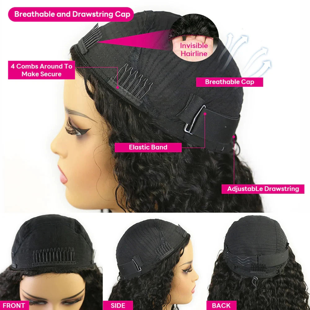 SOI CURLCARE- 3 In 1 Half Wigs Seamless V Part Wigs Burmese Water Curly With Spiral Ends Invisible Weft Snug Drawstring Wig Cap